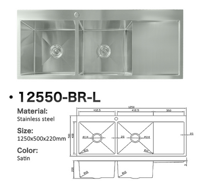 Double bowl satin stainless steel kitchen sink with drainboard and technical dimensions, model 12550-BR-L.