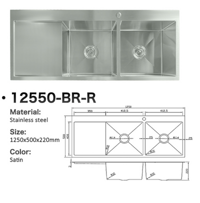 Double bowl stainless steel kitchen sink with drainboard, satin finish, 1250x500x220mm with technical drawing.