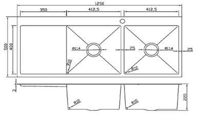 Technical drawing of a double bowl kitchen sink with drainboard, 1250x500x220mm, featuring R10 tight radius corners.