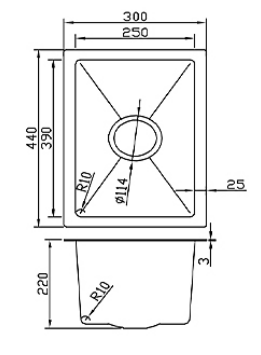 Technical schematic for a 300x440mm stainless steel single bowl sink showing 220mm depth and product dimensions.