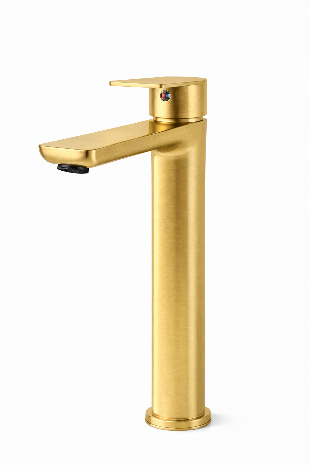 Brushed gold tall vessel sink faucet with single-handle lever, modern bathroom vanity hardware.