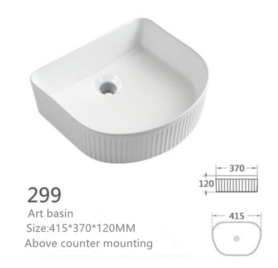 White fluted ceramic above counter art basin, D-shaped bathroom vessel sink, 415x370x120mm.