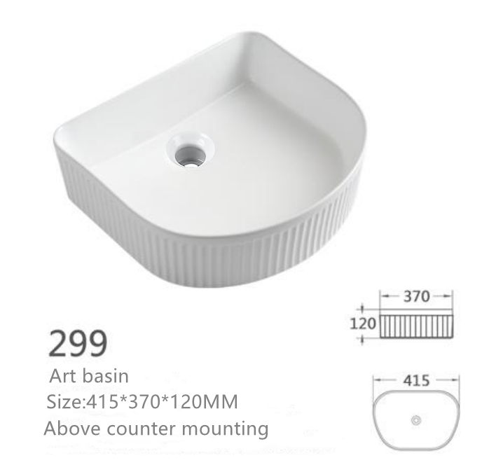White fluted ceramic above counter art basin, D-shaped bathroom vessel sink, 415x370x120mm.