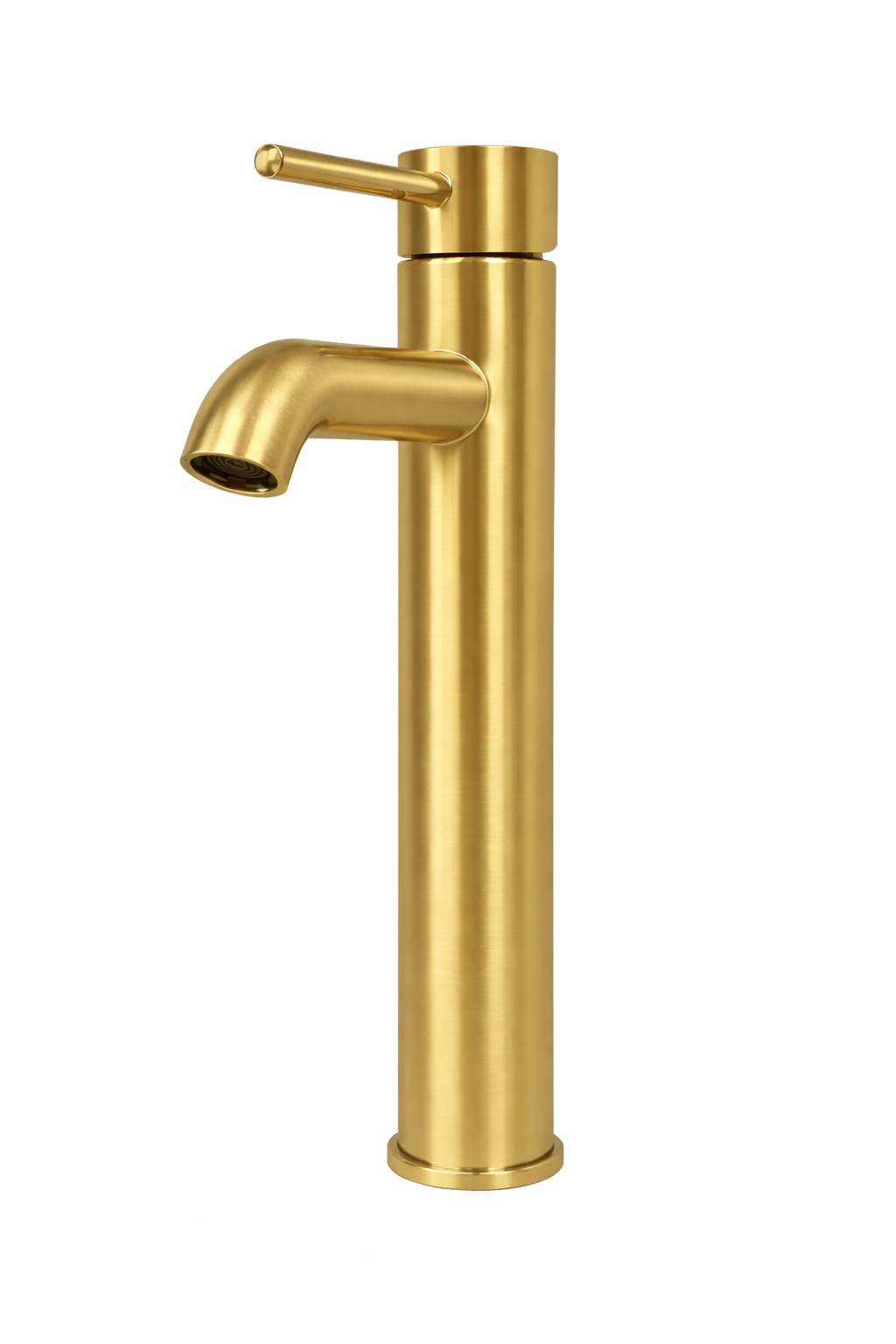 Brushed gold single-handle tall vessel faucet for modern bathroom sinks.
