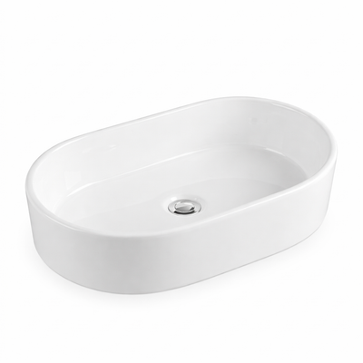 White oval ceramic vessel bathroom sink with chrome pop-up drain.