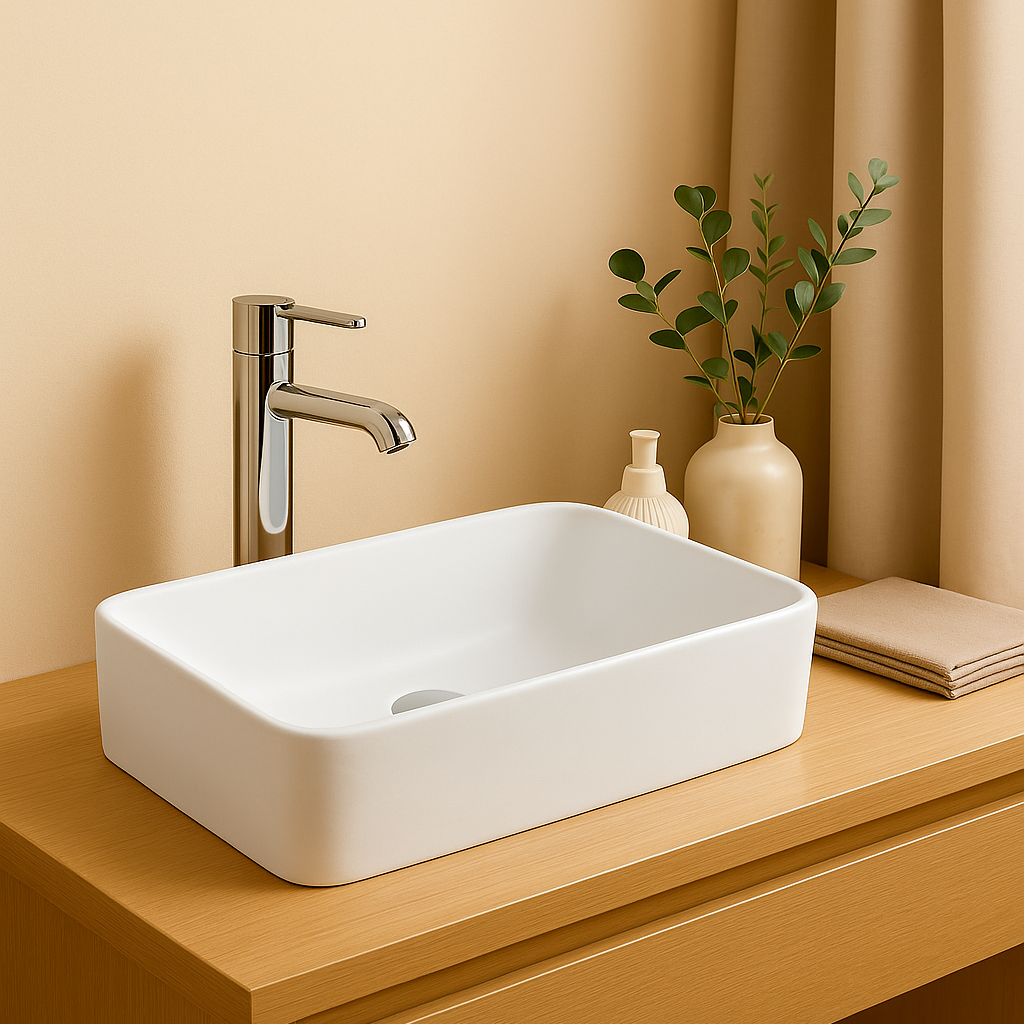 Modern matte white rectangular vessel sink with chrome faucet on a light wood bathroom vanity.