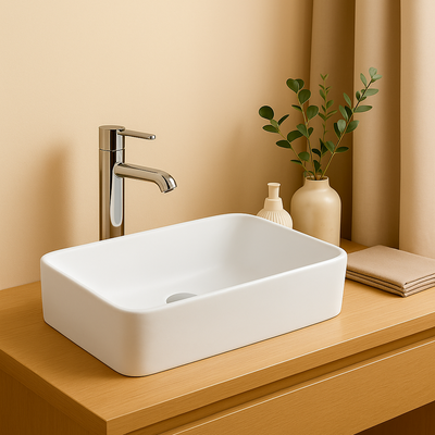 Modern matte white rectangular vessel sink with chrome faucet on a light wood bathroom vanity.