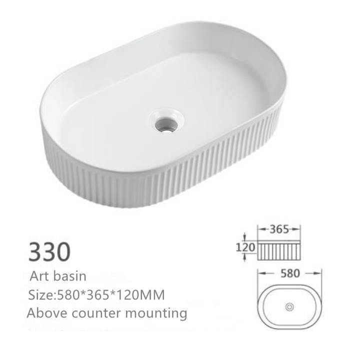 White oval fluted ceramic art basin for above counter mounting, 580x365x120mm textured vessel bathroom sink.