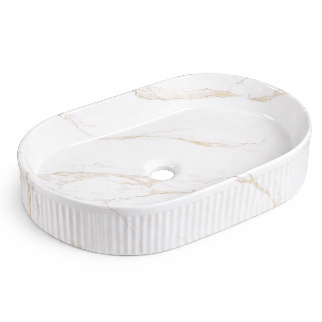 White oval marble vessel sink with gold veining and ribbed texture for modern bathroom vanity.
