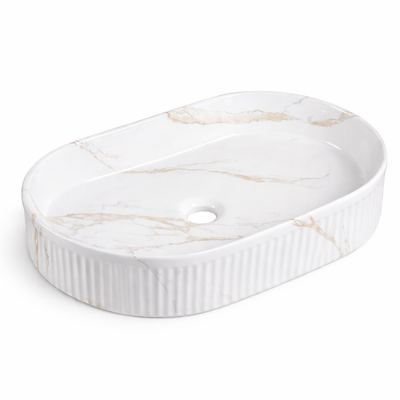 White oval marble vessel sink with gold veining and ribbed texture for modern bathroom vanity.
