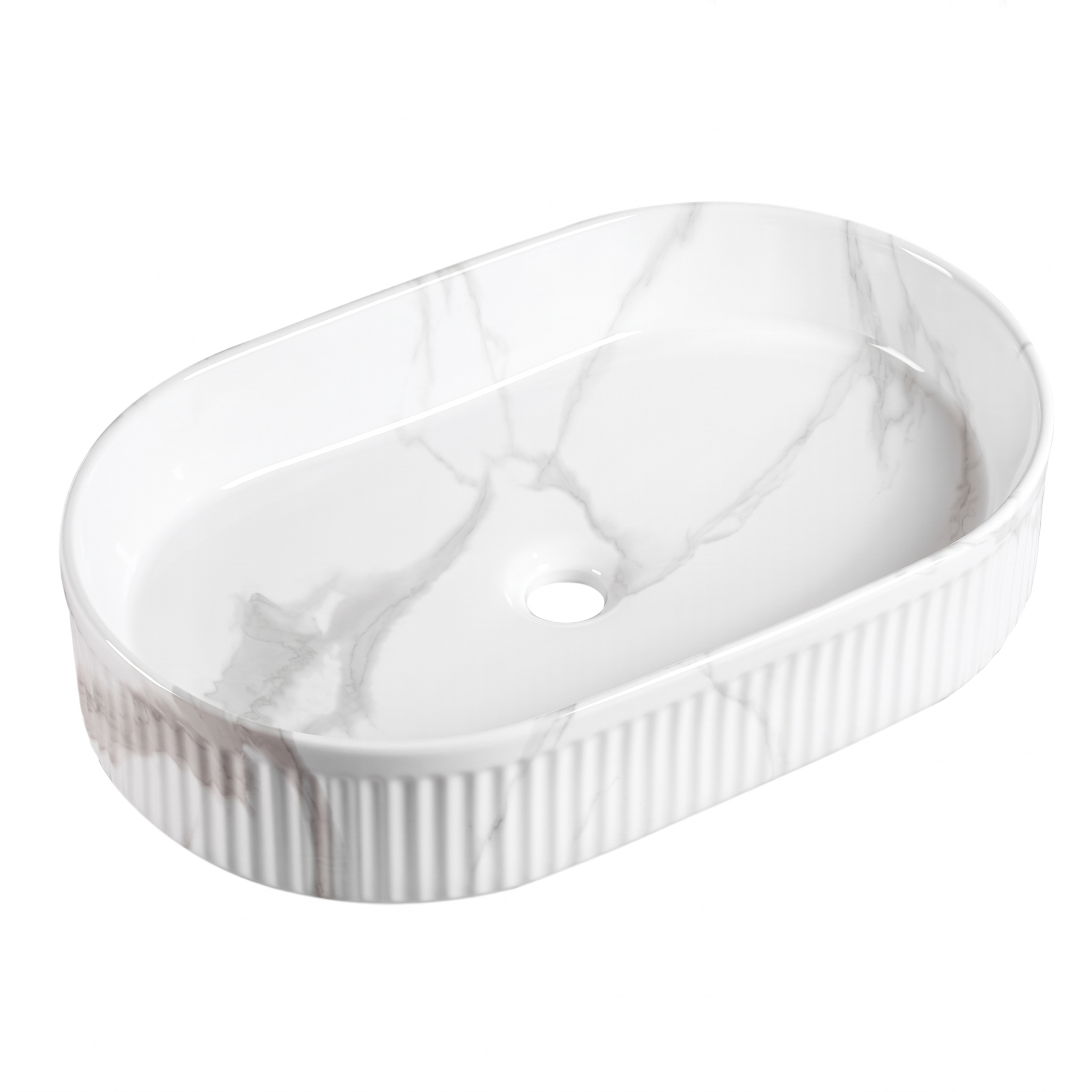 Oval white marble vessel sink with fluted exterior and grey veining for modern bathroom vanities.
