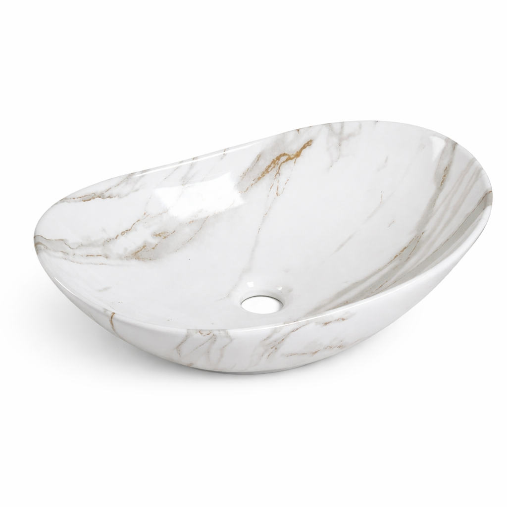 Oval white marble vessel sink with gold and grey veining for bathroom vanity.