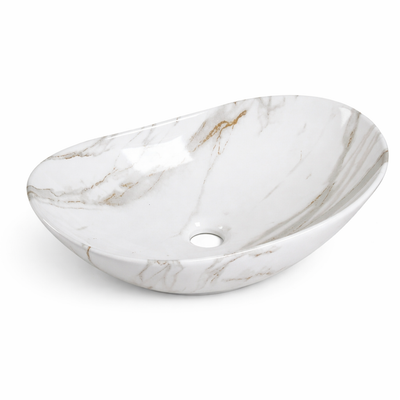 Oval white marble vessel sink with gold and grey veining for bathroom vanity.