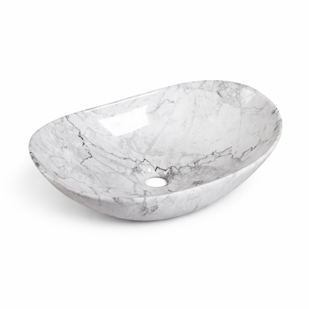 Oval white marble vessel sink with grey veining, modern bathroom countertop basin.