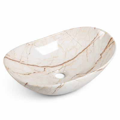 Oval white marble vessel sink with brown veining, ceramic countertop bathroom basin for modern vanity.