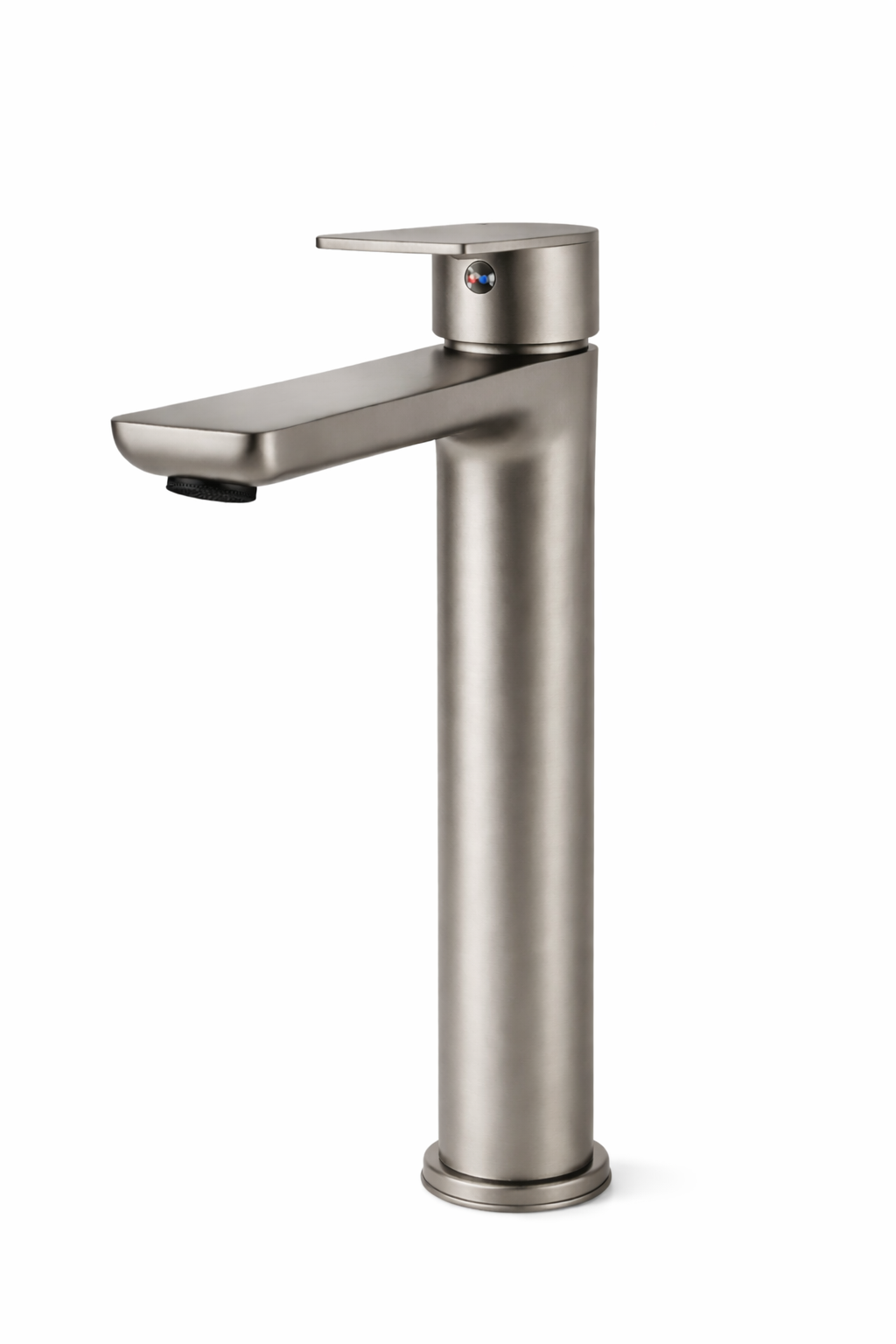 Modern brushed nickel tall vessel sink faucet with a single-handle lever.