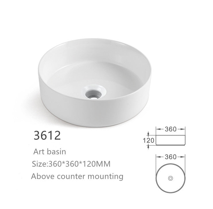 Round white ceramic art basin, above counter vessel sink for bathroom, 360x360x120mm.