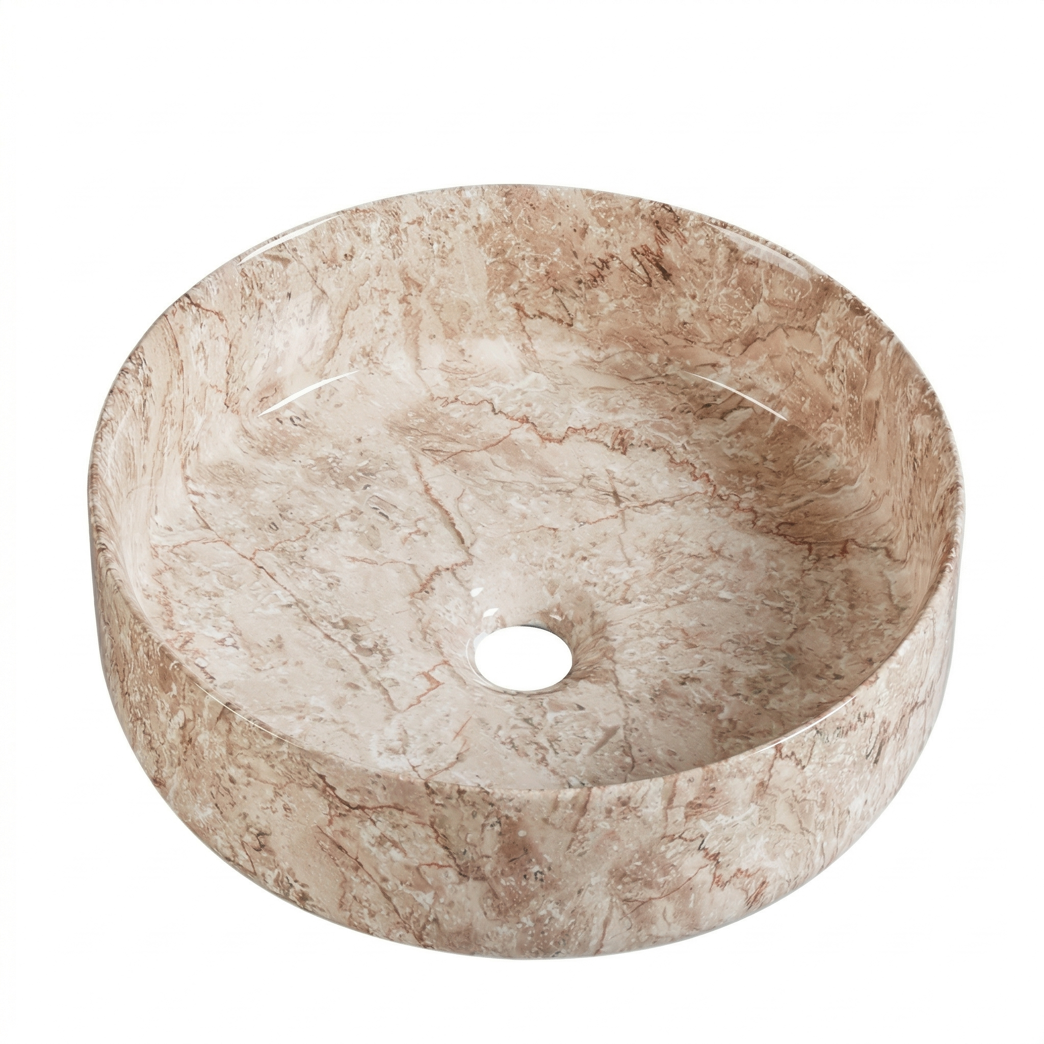 Elegant round beige marble effect ceramic vessel sink, modern bathroom countertop basin.