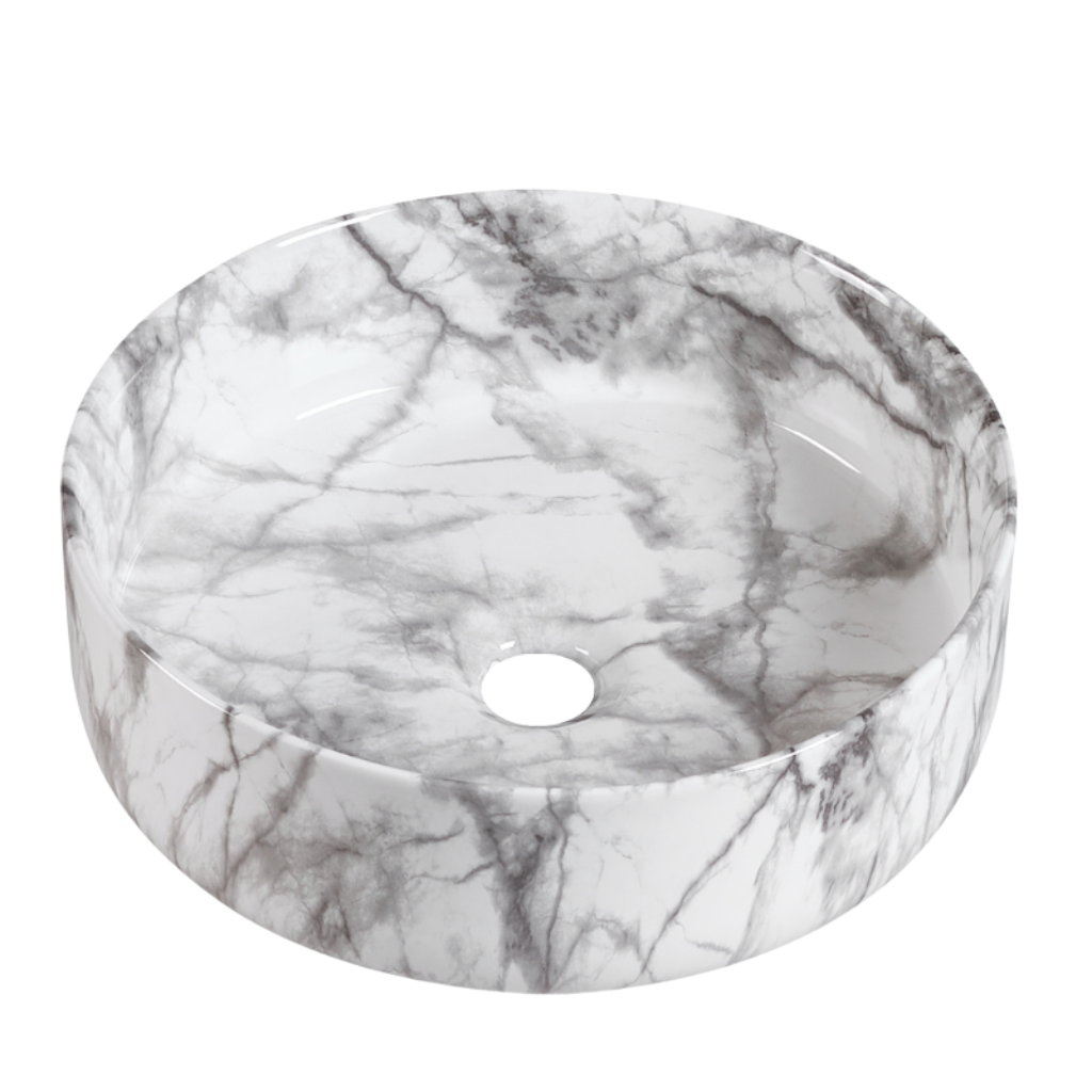 Modern round white and grey marble pattern ceramic vessel sink for bathroom vanity.