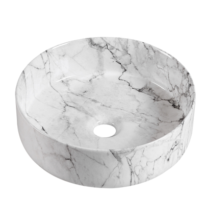 Round white marble pattern vessel bathroom sink with grey veining, modern countertop wash basin.