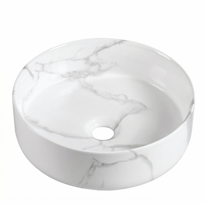 Round white marble vessel sink with grey veining, ceramic bathroom countertop basin for modern vanities.