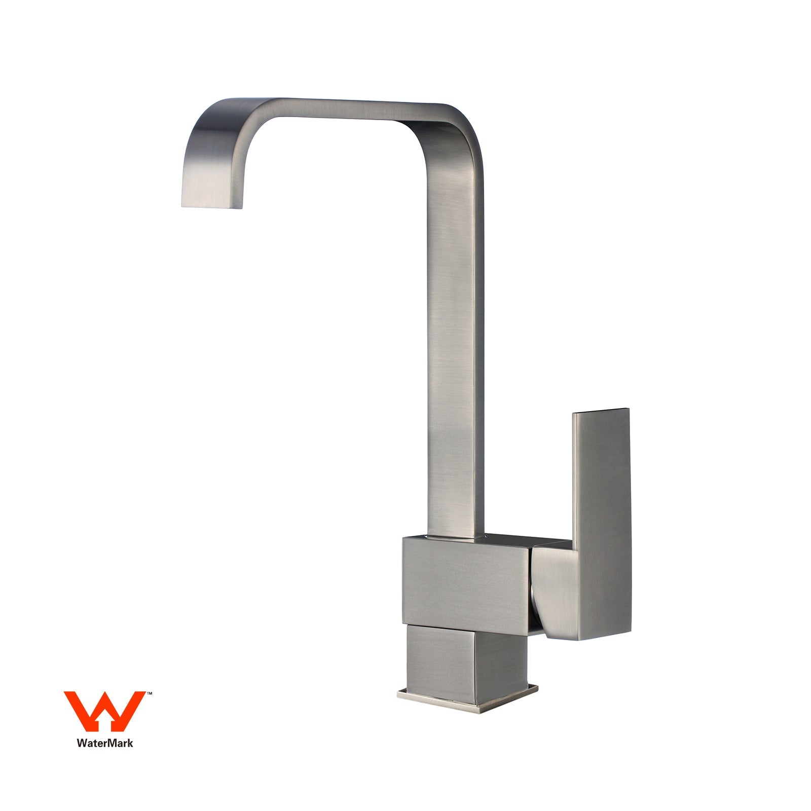 Modern brushed nickel square high-arc kitchen faucet with single-lever handle.