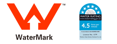 Orange WaterMark certification logo and blue 4.5L/min water rating label for plumbing and sanitary hardware.