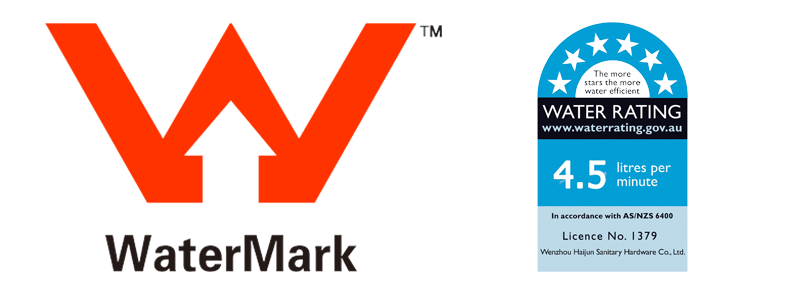 Orange WaterMark certification logo and blue 4.5L/min water rating label for plumbing and sanitary hardware.
