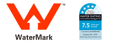 Orange WaterMark certification logo and blue WELS water efficiency rating label showing 7.5 litres per minute.