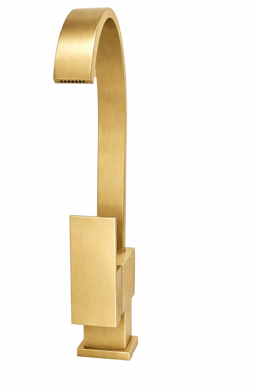 Modern brushed gold single-handle bathroom faucet with a sleek high-arc spout and minimalist design.