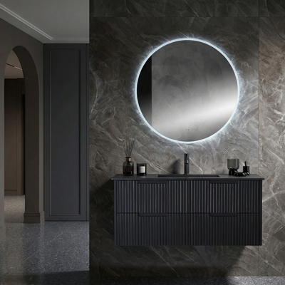 Matte Black Accent Bathroom Set: 600mm Vanity, Round Mirror & Black Mixer