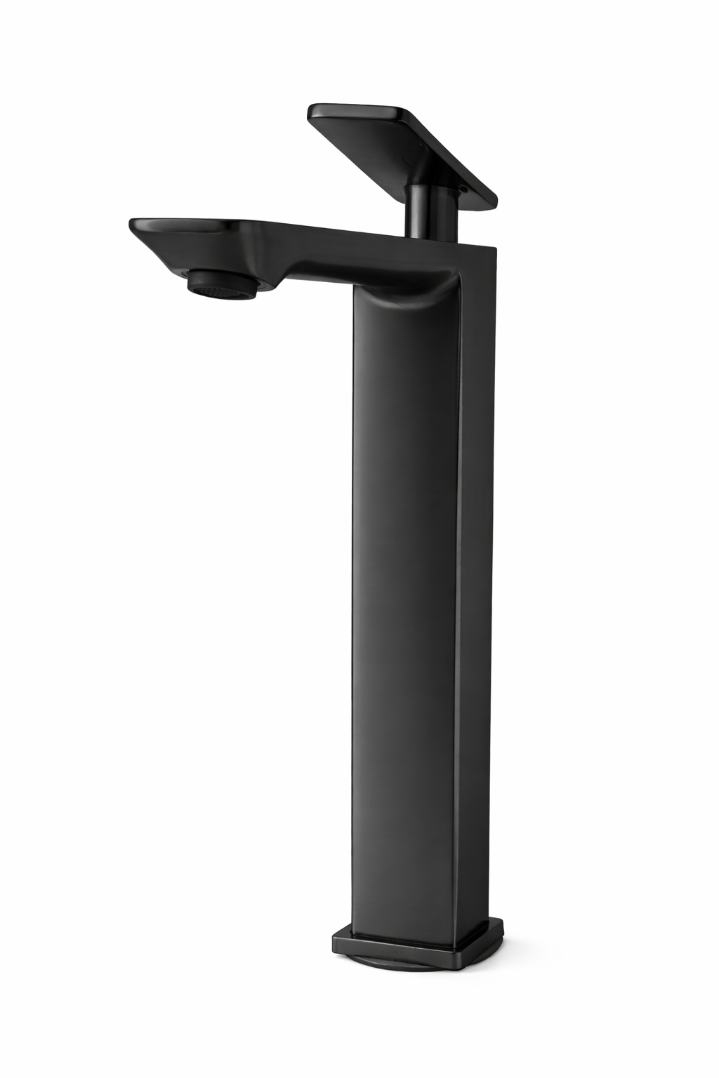 Tall matte black vessel sink faucet featuring a sleek square design and single-handle control for modern bathrooms.