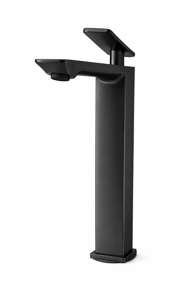 Tall matte black vessel sink faucet featuring a sleek square design and single-handle control for modern bathrooms.