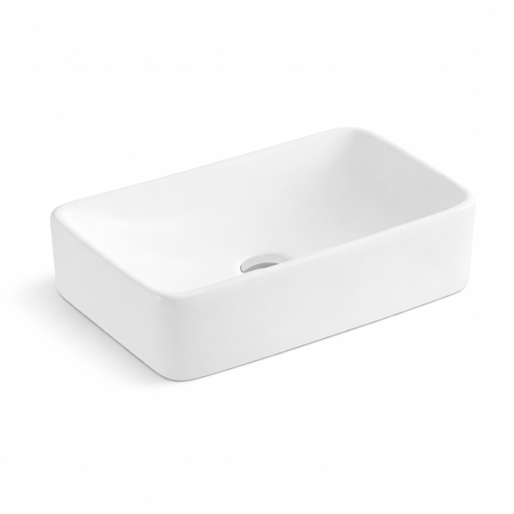 White rectangular ceramic vessel sink for bathroom, above-counter installation with modern design.