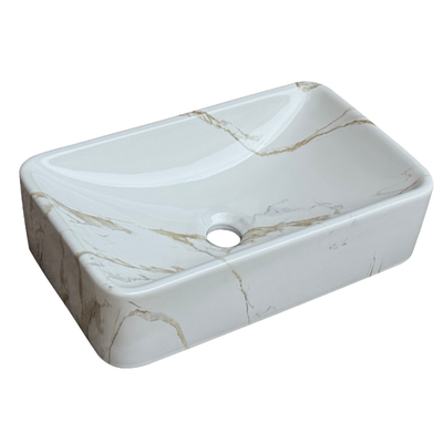 Rectangular white ceramic vessel sink with gold marble veining, modern bathroom vanity basin.