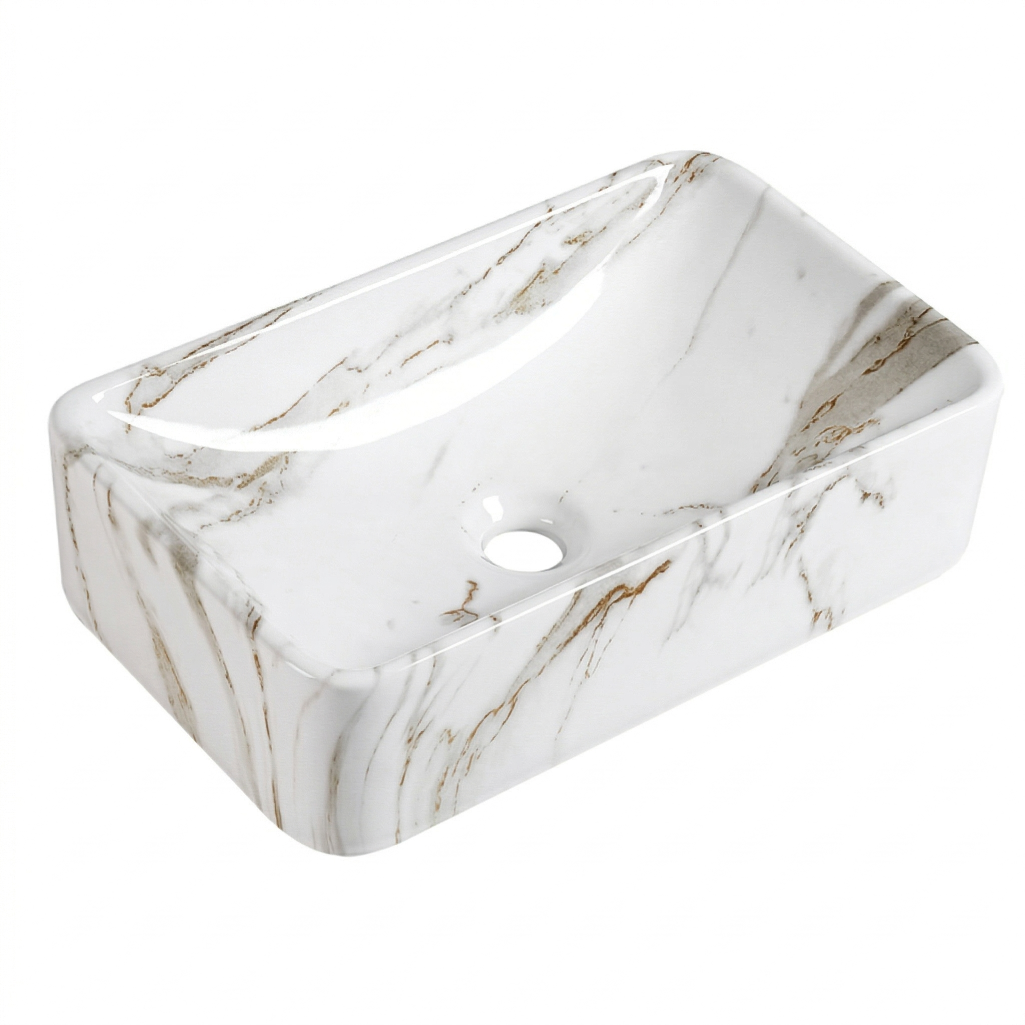 Rectangular white ceramic vessel bathroom sink with gold marble pattern for above-counter installation.