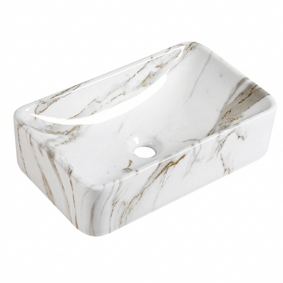 Rectangular white ceramic vessel bathroom sink with gold marble pattern for above-counter installation.