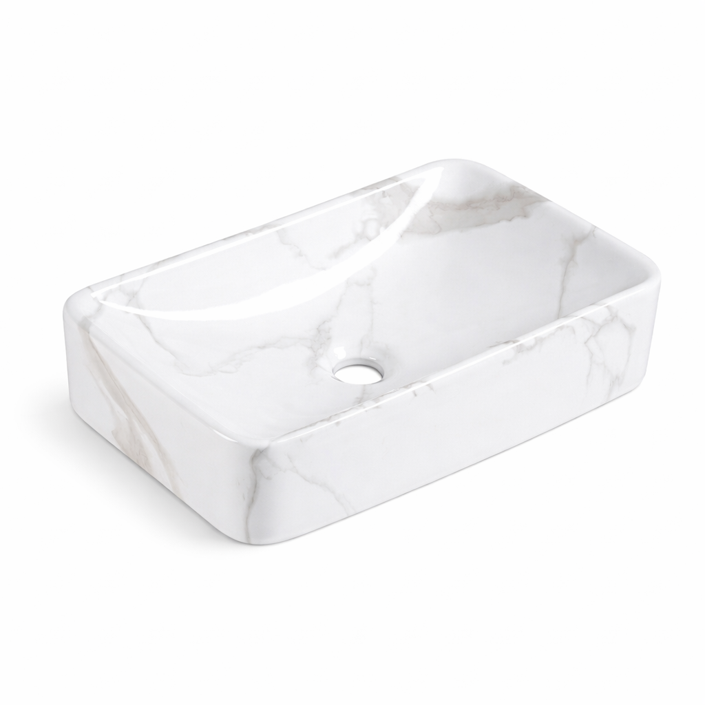White marble pattern rectangular ceramic vessel bathroom sink, above-counter vanity wash basin.