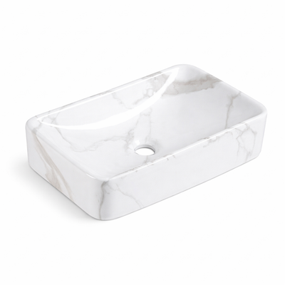 White marble pattern rectangular ceramic vessel bathroom sink, above-counter vanity wash basin.