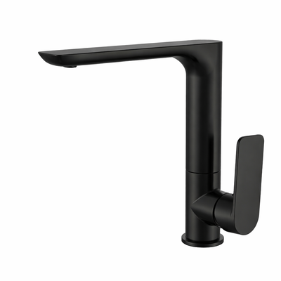 Modern matte black single-handle faucet with a sleek high-arc spout and minimalist lever design.