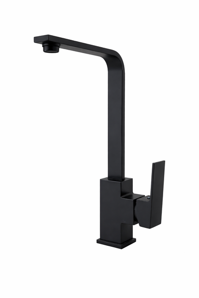 Modern matte black single-handle kitchen faucet with a minimalist square L-shaped spout.