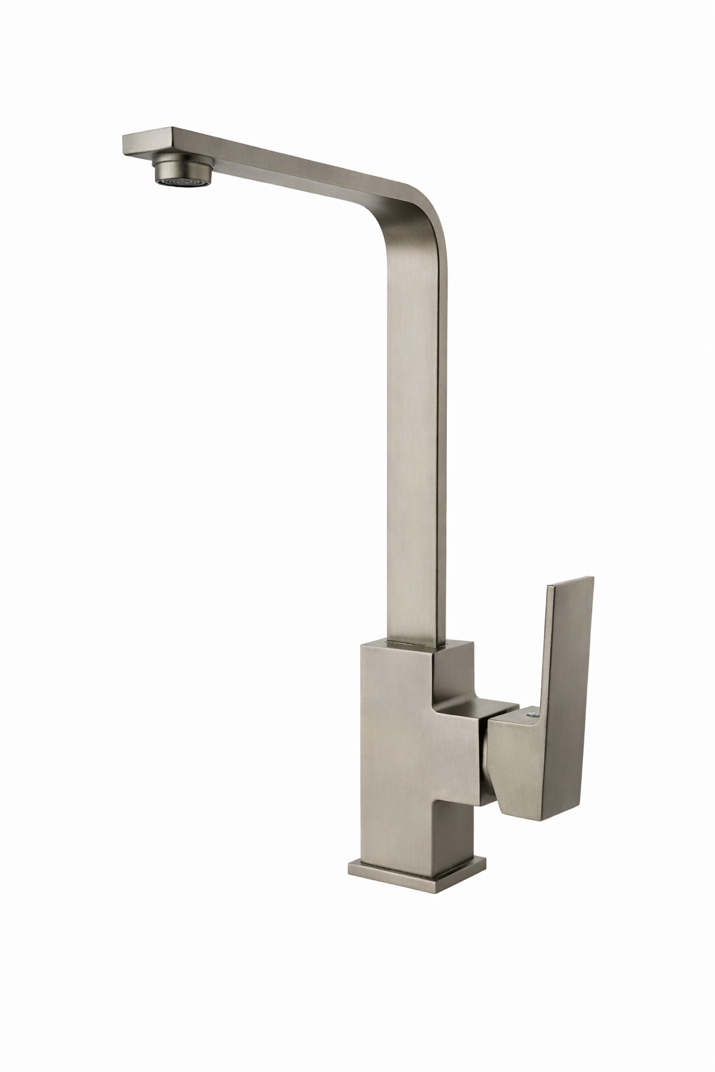 Modern brushed nickel square kitchen faucet featuring a high-arc spout and single lever handle on white.