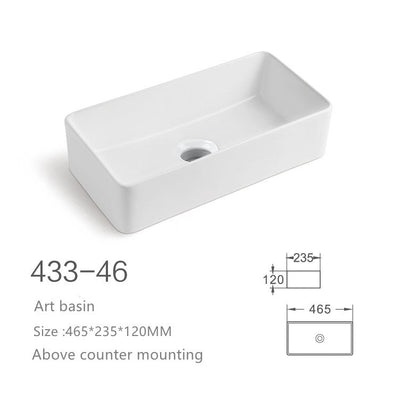 White rectangular ceramic above counter art basin, modern bathroom vessel sink, dimensions 465x235x120mm.
