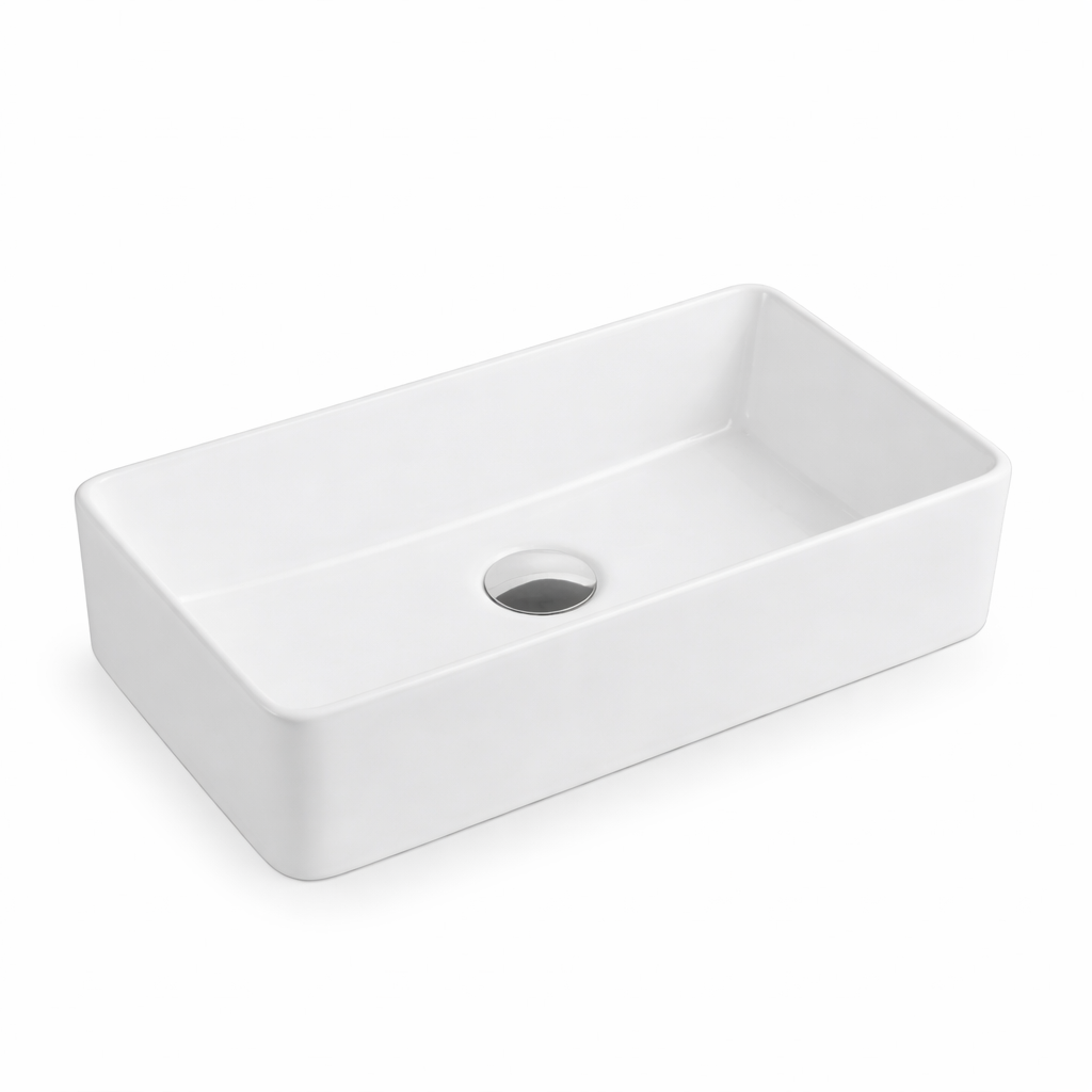 Modern white ceramic rectangular vessel bathroom sink with rounded edges and center drain.