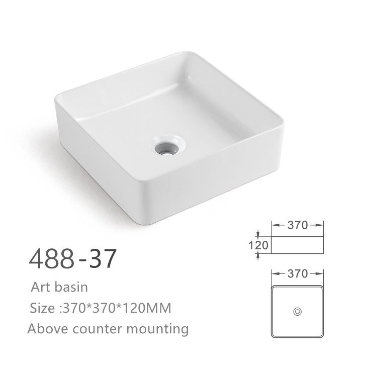 White square above counter art basin, 370x370x120mm, modern ceramic vessel sink for bathrooms.
