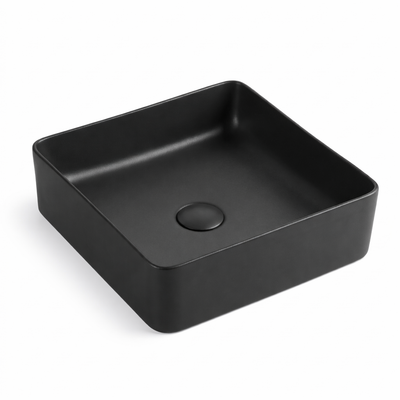 Matte black square vessel bathroom sink with matching pop-up drain, modern ceramic basin for vanity.