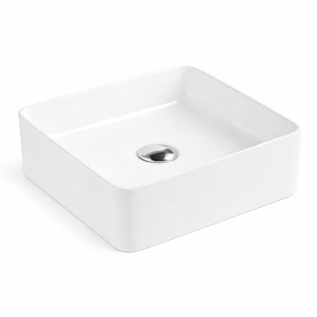White ceramic square vessel sink, modern bathroom countertop wash basin with chrome drain.