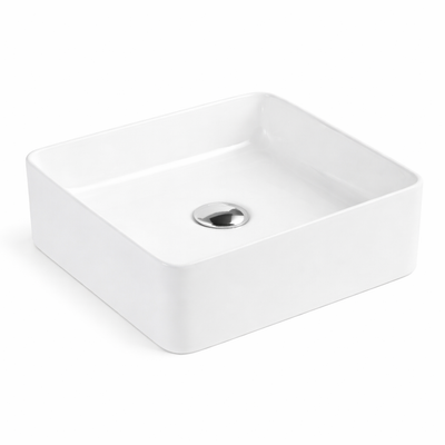 White ceramic square vessel sink, modern bathroom countertop wash basin with chrome drain.