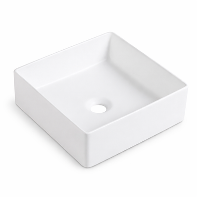 Modern white square ceramic vessel sink, above-counter bathroom basin with deep minimalist bowl.