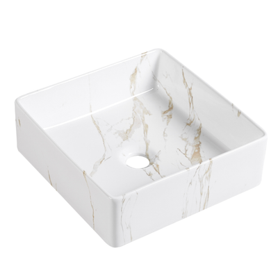 Square white ceramic vessel sink with tan marble pattern for modern bathroom vanity.